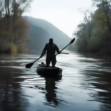 In the horror movie, the paddler found himself trapped in a dark and terrifying river infested with monstrous creatures.