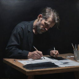 Create a dark painting featuring an artist deeply immersed in his work. He appears exhausted but profoundly engaged, the intensity of his soul shining through.