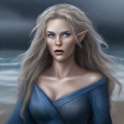 A high-quality digital art piece depicting a tall Half-elf Druid with wavy gray-blond hair and striking blue eyes