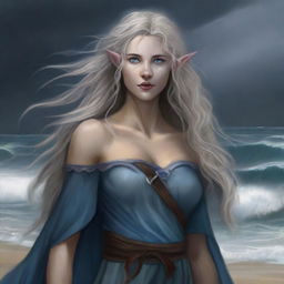 A high-quality digital art piece depicting a tall Half-elf Druid with wavy gray-blond hair and striking blue eyes