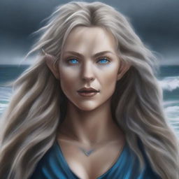 A high-quality digital art piece depicting a tall Half-elf Druid with wavy gray-blond hair and striking blue eyes