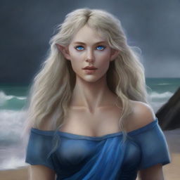 A high-quality digital art piece depicting a tall Half-elf Druid with wavy gray-blond hair and striking blue eyes