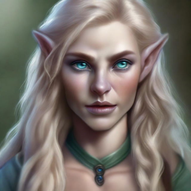 A high-quality digital art piece showcasing a tall Half-elf Druid with wavy gray-blond hair and captivating blue-green eyes