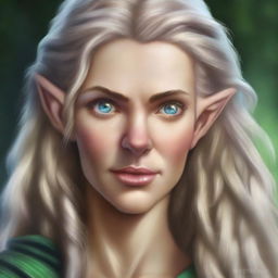 A high-quality digital art piece showcasing a tall Half-elf Druid with wavy gray-blond hair and captivating blue-green eyes