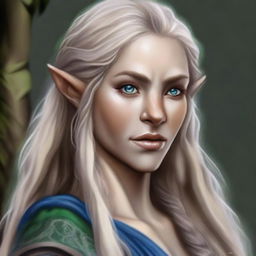 A high-quality digital art piece showcasing a tall Half-elf Druid with wavy gray-blond hair and captivating blue-green eyes