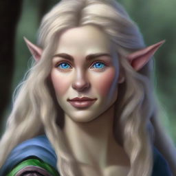 A high-quality digital art piece showcasing a tall Half-elf Druid with wavy gray-blond hair and captivating blue-green eyes