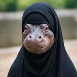 A friendly hippopotamus elegantly draped with a black hijab.