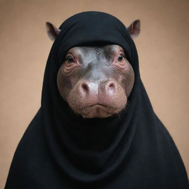 A friendly hippopotamus elegantly draped with a black hijab.