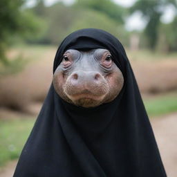 A friendly hippopotamus elegantly draped with a black hijab.