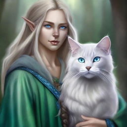 A high-quality digital art piece portraying a tall Half-elf Druid with wavy gray-blond hair and mesmerizing blue-green eyes