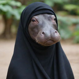 A friendly hippopotamus elegantly draped with a black hijab.