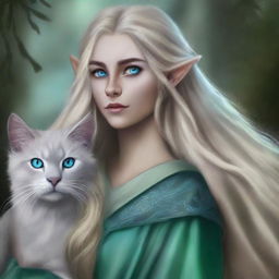 A high-quality digital art piece portraying a tall Half-elf Druid with wavy gray-blond hair and mesmerizing blue-green eyes