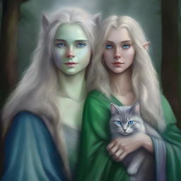 A high-quality digital art piece portraying a tall Half-elf Druid with wavy gray-blond hair and mesmerizing blue-green eyes