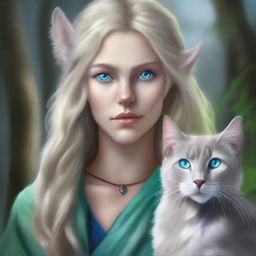 A high-quality digital art piece portraying a tall Half-elf Druid with wavy gray-blond hair and mesmerizing blue-green eyes