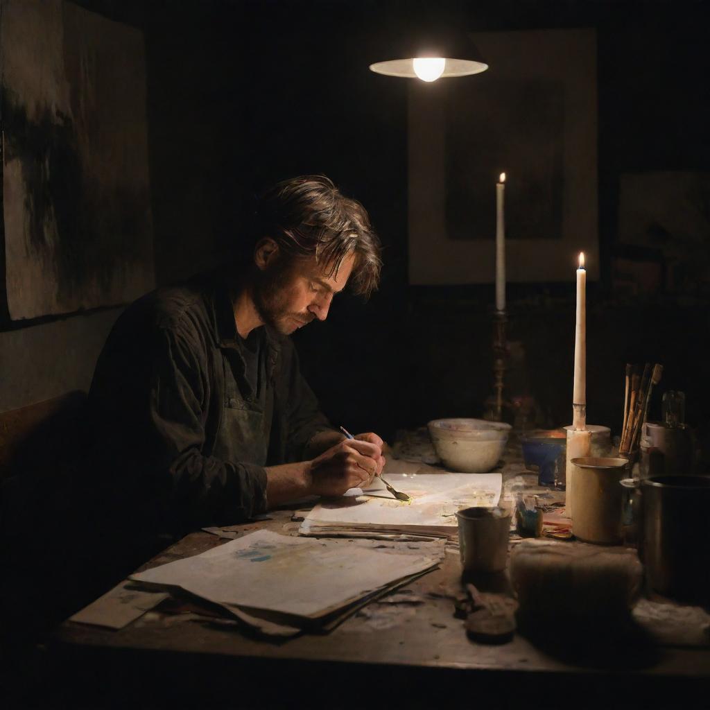 Generate a darkly lit painting of an artist deeply absorbed in his work. He appears tired, set in a dim room with a single candle illuminating the space. A table filled with creative messiness is present.