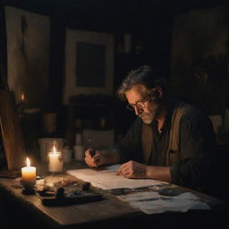 Generate a darkly lit painting of an artist deeply absorbed in his work. He appears tired, set in a dim room with a single candle illuminating the space. A table filled with creative messiness is present.