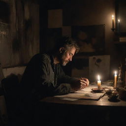 Generate a darkly lit painting of an artist deeply absorbed in his work. He appears tired, set in a dim room with a single candle illuminating the space. A table filled with creative messiness is present.