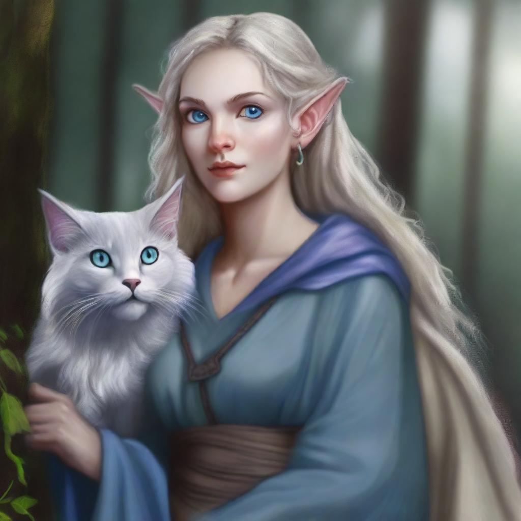 A high-quality digital art piece featuring a tall Half-elf Druid with wavy gray-blond hair and intriguing blue-grey eyes