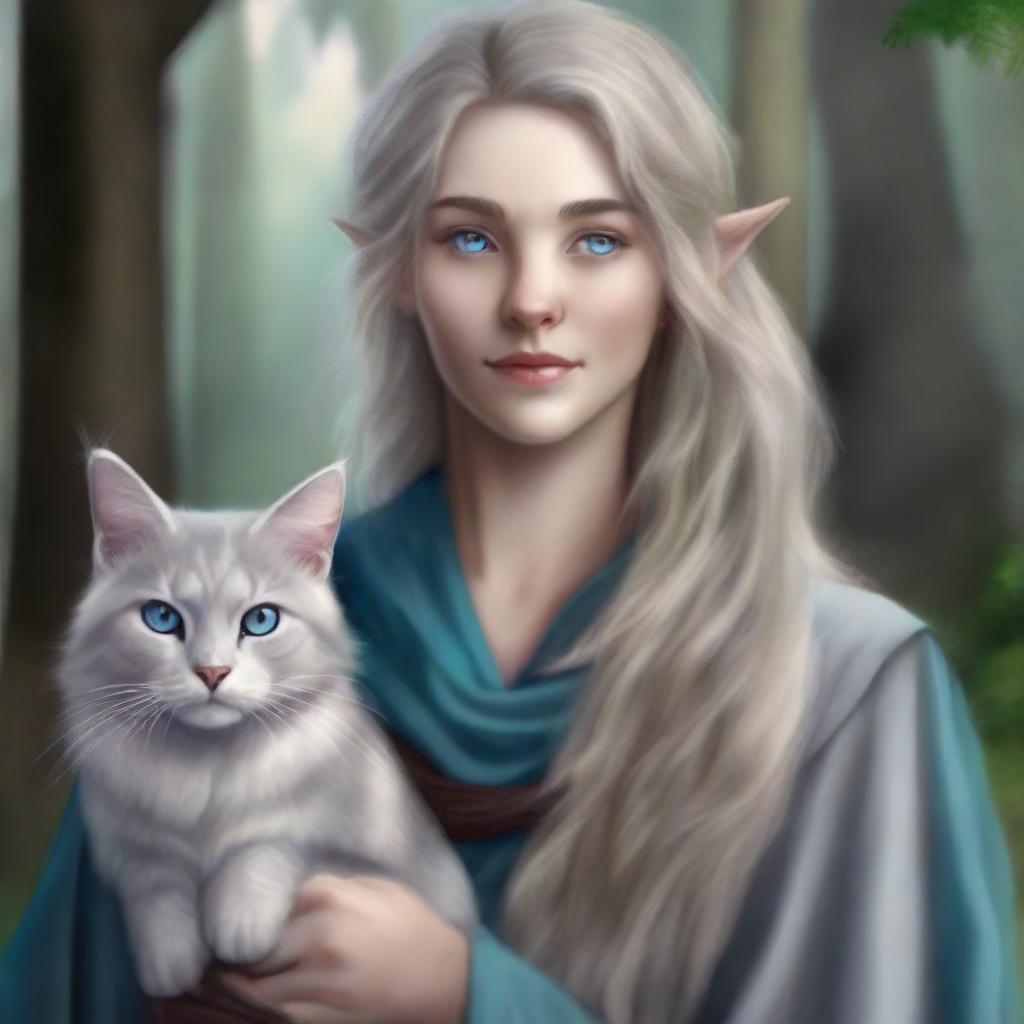 A high-quality digital art piece featuring a tall Half-elf Druid with wavy gray-blond hair and intriguing blue-grey eyes