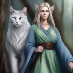 A high-quality digital art piece featuring a tall Half-elf Druid with wavy gray-blond hair and intriguing blue-grey eyes