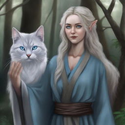 A high-quality digital art piece featuring a tall Half-elf Druid with wavy gray-blond hair and intriguing blue-grey eyes