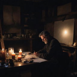 Generate a darkly lit painting of an artist deeply absorbed in his work. He appears tired, set in a dim room with a single candle illuminating the space. A table filled with creative messiness is present.