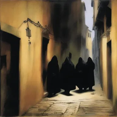 The painting depicted a dark alley where members of a syndicate engaged in clandestine activities.