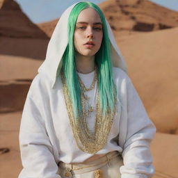 Design fashion outfits that creatively blend Billie Eilish's style with elements of ancient pharaoh-inspired styles.