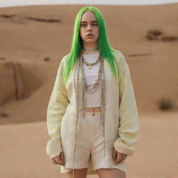 Design fashion outfits that creatively blend Billie Eilish's style with elements of ancient pharaoh-inspired styles.