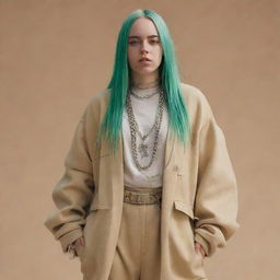 Design fashion outfits that creatively blend Billie Eilish's style with elements of ancient pharaoh-inspired styles.