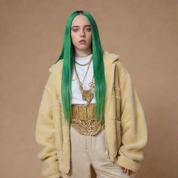 Design fashion outfits that creatively blend Billie Eilish's style with elements of ancient pharaoh-inspired styles.