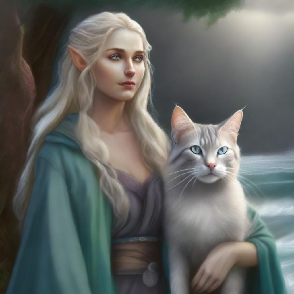 A high-quality digital art piece depicts a tall Half-elf Druid with wavy gray-blond hair and ocean-colored eyes