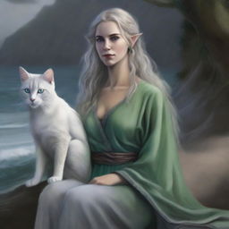 A high-quality digital art piece depicts a tall Half-elf Druid with wavy gray-blond hair and ocean-colored eyes