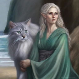 A high-quality digital art piece depicts a tall Half-elf Druid with wavy gray-blond hair and ocean-colored eyes