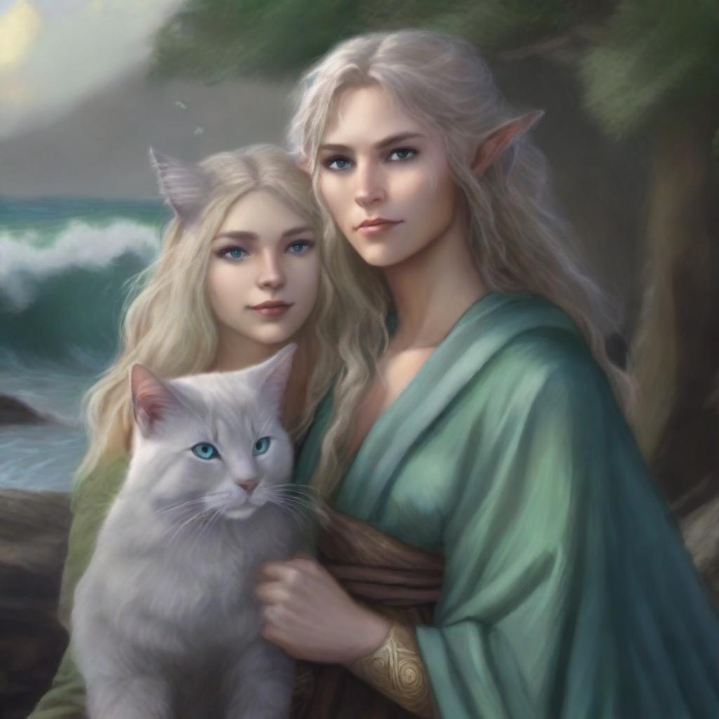 A high-quality digital art piece depicts a tall Half-elf Druid with wavy gray-blond hair and ocean-colored eyes