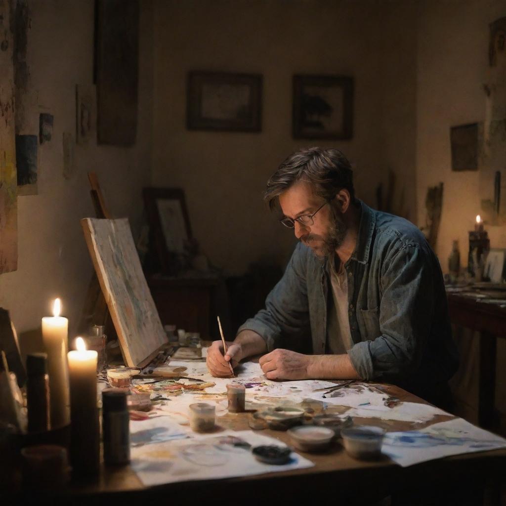 An exhausted artist deeply engrossed in his painting, inside a dimly lit room illuminated only by a flickering candle. The room is disorderly, with a messy table scattered with art supplies.