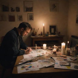 An exhausted artist deeply engrossed in his painting, inside a dimly lit room illuminated only by a flickering candle. The room is disorderly, with a messy table scattered with art supplies.