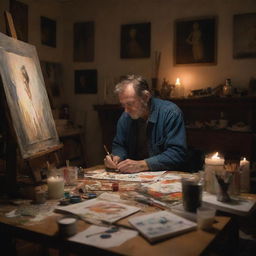 An exhausted artist deeply engrossed in his painting, inside a dimly lit room illuminated only by a flickering candle. The room is disorderly, with a messy table scattered with art supplies.