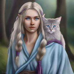 A high-quality digital art piece presents a tall Half-elf Druid with wavy gray-blond hair and soft blue eyes