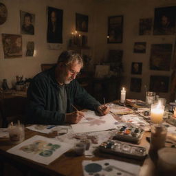 An exhausted artist deeply engrossed in his painting, inside a dimly lit room illuminated only by a flickering candle. The room is disorderly, with a messy table scattered with art supplies.