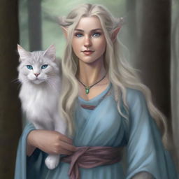 A high-quality digital art piece presents a tall Half-elf Druid with wavy gray-blond hair and soft blue eyes