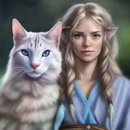 A high-quality digital art piece presents a tall Half-elf Druid with wavy gray-blond hair and soft blue eyes