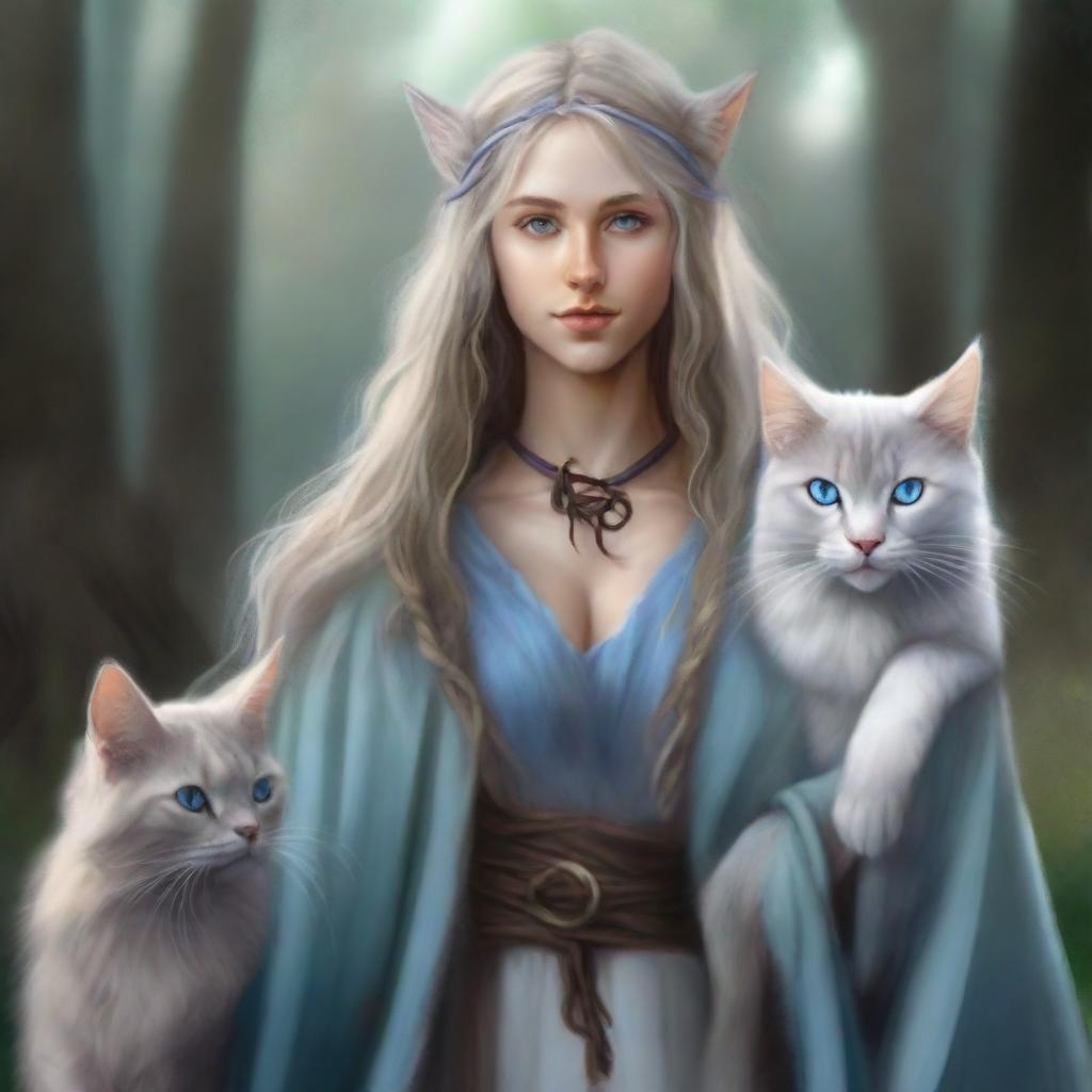 A high-quality digital art piece presents a tall Half-elf Druid with wavy gray-blond hair and soft blue eyes