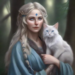 A high-quality digital art piece portrays a tall Half-elf Druid with wavy gray-blond hair and soft blue eyes