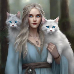 A high-quality digital art piece portrays a tall Half-elf Druid with wavy gray-blond hair and soft blue eyes