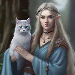 A high-quality digital art piece portrays a tall Half-elf Druid with wavy gray-blond hair and soft blue eyes