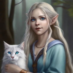 A high-quality digital art piece portrays a tall Half-elf Druid with wavy gray-blond hair and soft blue eyes