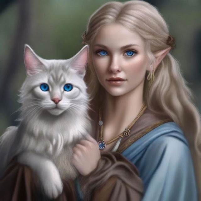 This high-quality digital art piece features a tall Half-elf Druid with wavy gray-blond hair and soft blue eyes