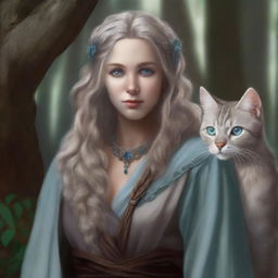 This high-quality digital art piece features a tall Half-elf Druid with wavy gray-blond hair and soft blue eyes