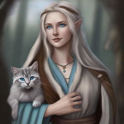 This high-quality digital art piece features a tall Half-elf Druid with wavy gray-blond hair and soft blue eyes
